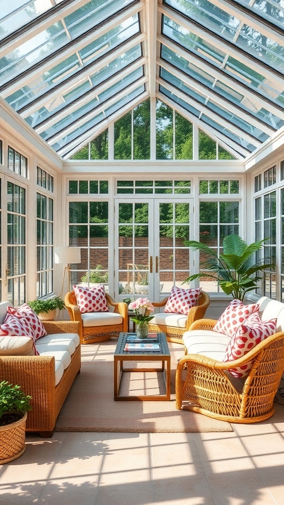 A bright conservatory with wicker furniture, soft cushions, and plants, creating a cozy atmosphere.