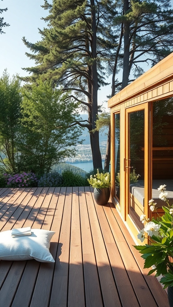 A beautiful outdoor garden sauna retreat surrounded by trees and flowers, featuring a wooden deck and a cozy atmosphere.