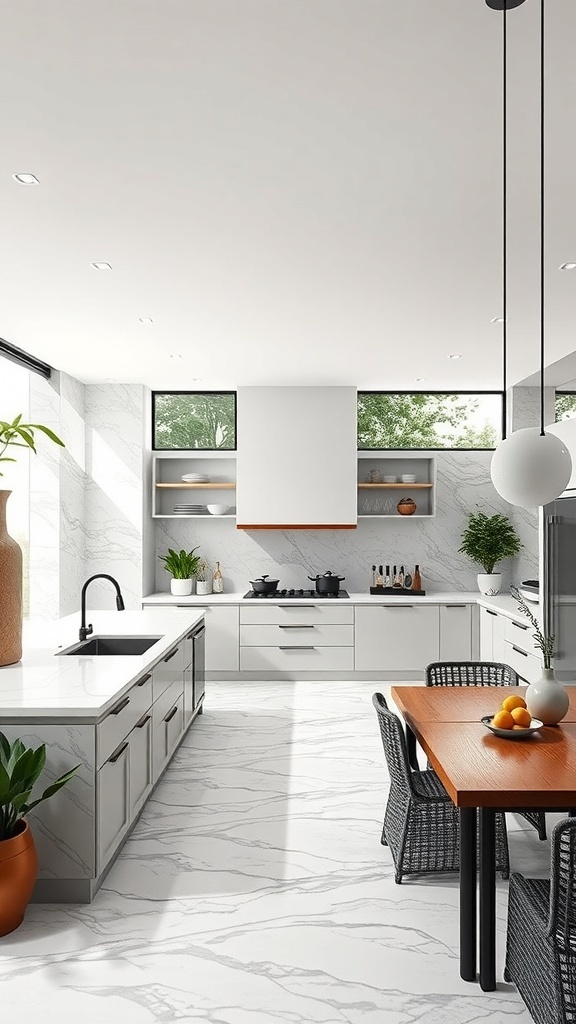 Modern kitchen with large windows and sleek design, integrating outdoor space for entertainment.