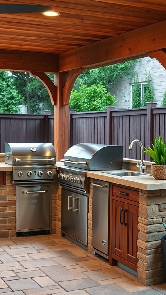 Outdoor kitchen featuring stainless steel grills, stone countertops, and wooden structure.