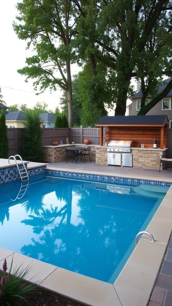 An outdoor kitchen with a grill and seating area overlooking a sunken above ground pool.