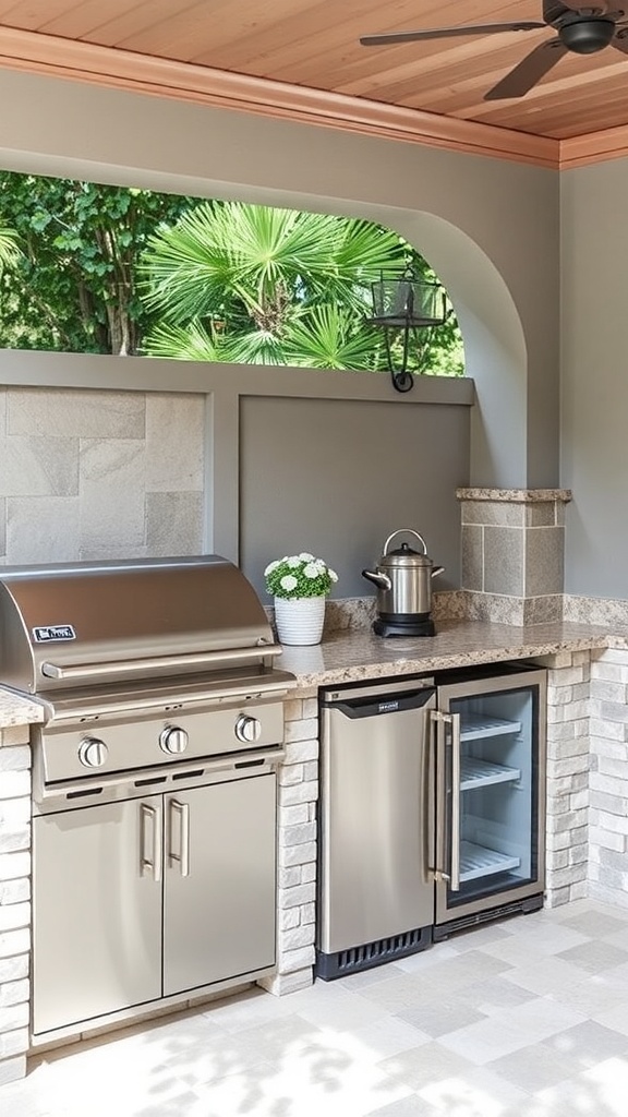Outdoor kitchen with sink, fridge, and grill, featuring cozy seating and warm lighting.