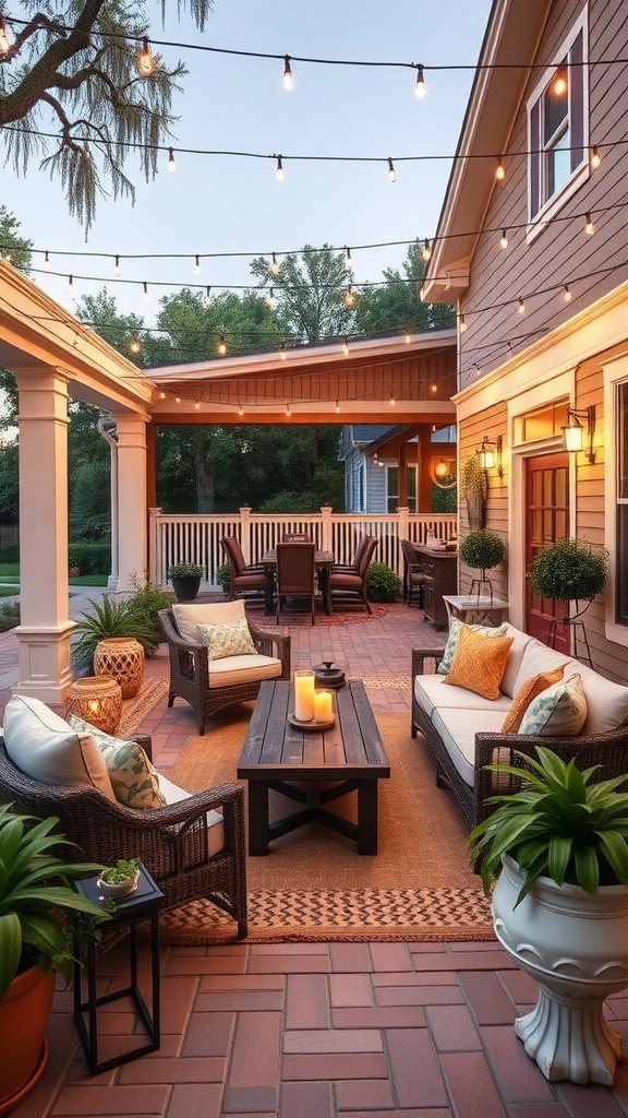 Cozy outdoor living space with wicker furniture, string lights, and greenery.
