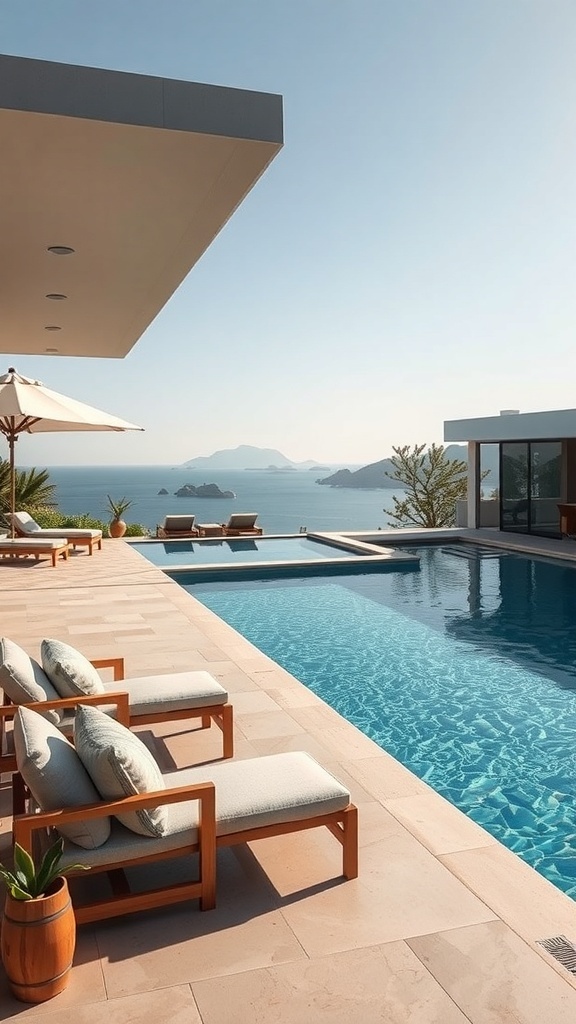 Modernes Pooldesign mit Liegen und Meerblick