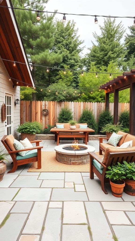 A cozy outdoor living space featuring wooden furniture, a fire pit, and string lights surrounded by greenery.