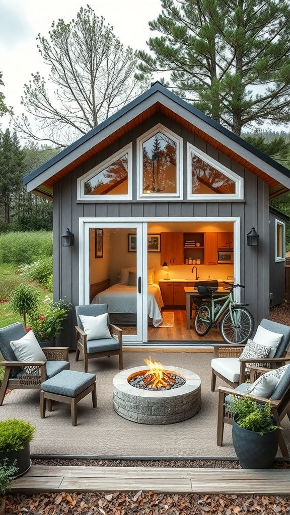 Gemütlicher Außenbereich eines Tiny Houses mit Feuerstelle und bequemen Stühlen