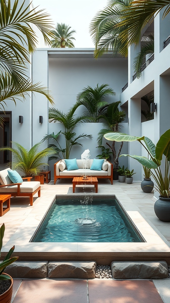 A serene outdoor living space featuring a small pool, comfortable seating, and tropical plants.