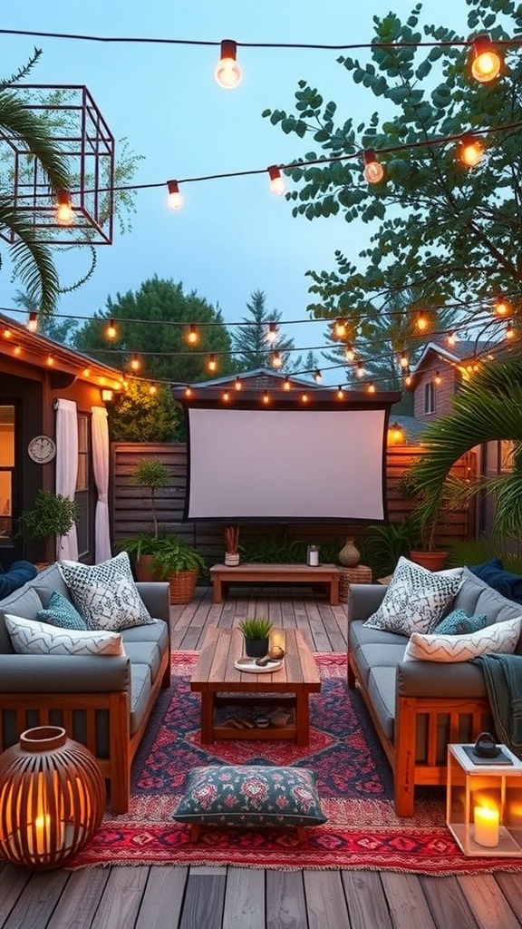 Cozy outdoor movie night setup with string lights, comfortable seating, and a projector screen.