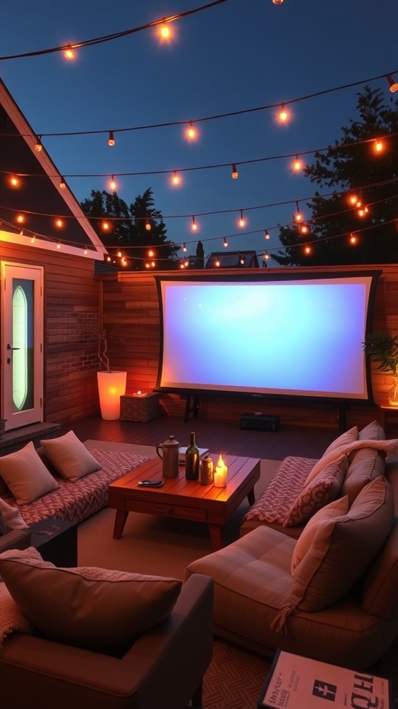 Cozy outdoor movie night setup with a large screen, comfortable seating, and string lights.