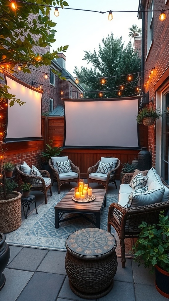 Cozy outdoor movie night setup with two screens, string lights, and comfortable seating.