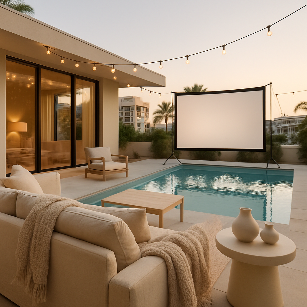 Ein stilvoller Außenbereich mit einem Pool, einer Leinwand für Filme und gemütlichen Sitzgelegenheiten.