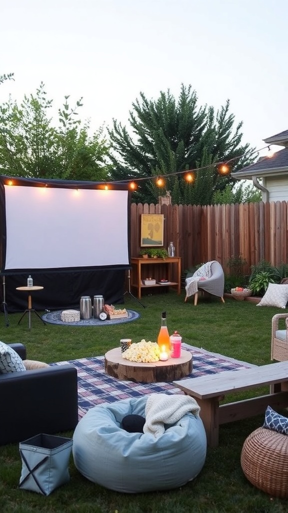 Cozy outdoor cinema setup with a snack station featuring popcorn, drinks, and comfortable seating.