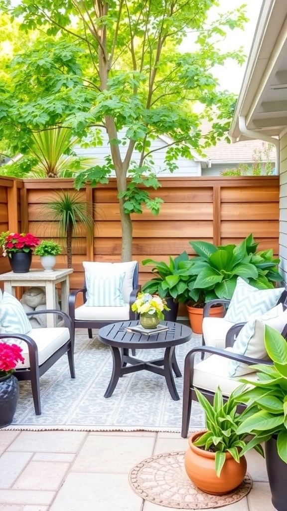 A stylish outdoor patio with black wicker furniture, colorful cushions, and potted plants, creating a cozy atmosphere.