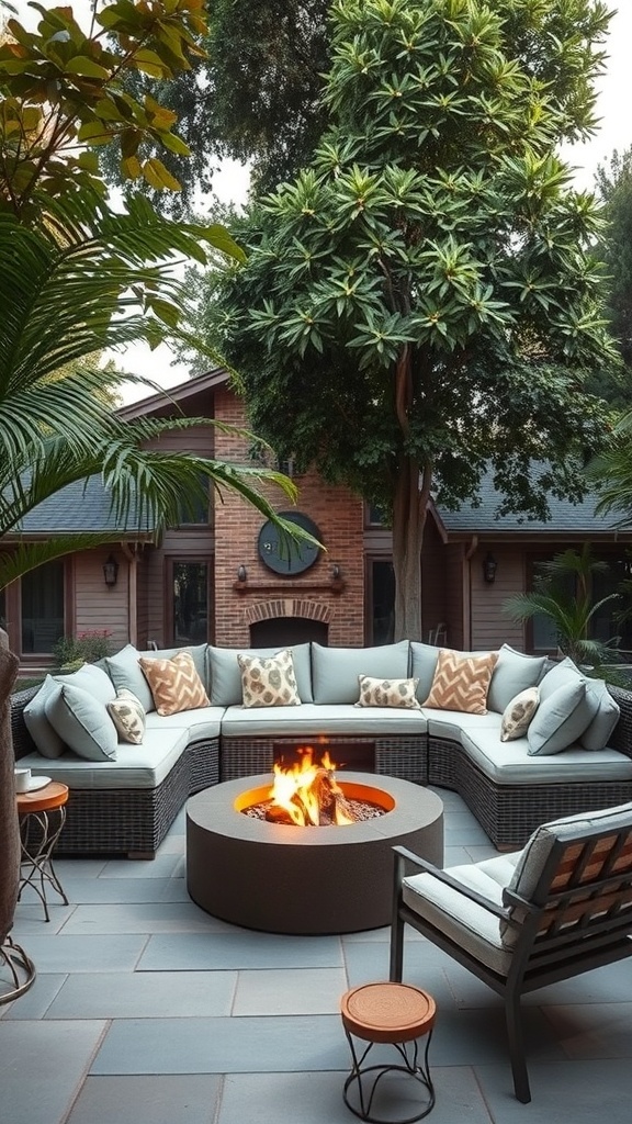 A stylish outdoor sunken sofa setup with a fire pit surrounded by greenery.
