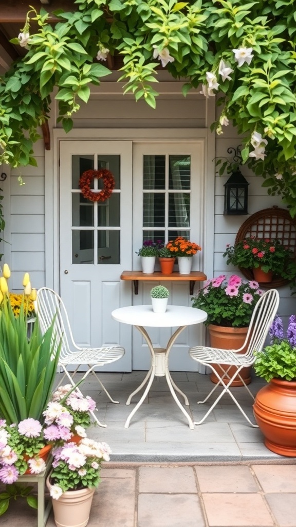 A cozy outdoor patio with a small table and blooming flowers.