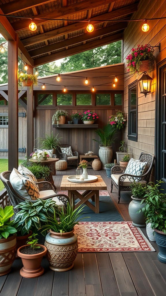 Cozy outdoor patio with farmhouse furniture, string lights, and decorative plants.