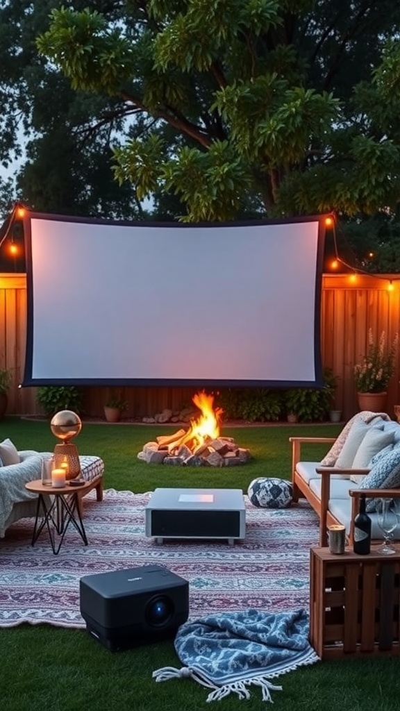 Cozy outdoor cinema setup with a projector, screen, and comfortable seating