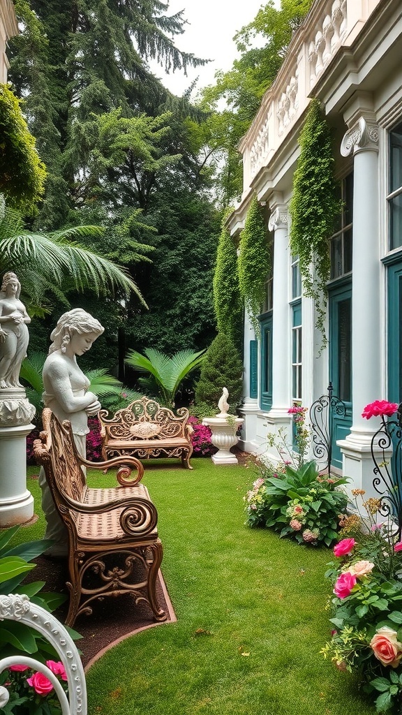 A beautifully designed Rococo garden with elegant benches, statues, and vibrant flowers.