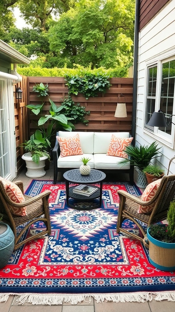 A cozy outdoor patio with a blue and white patterned rug, comfortable seating, and greenery.