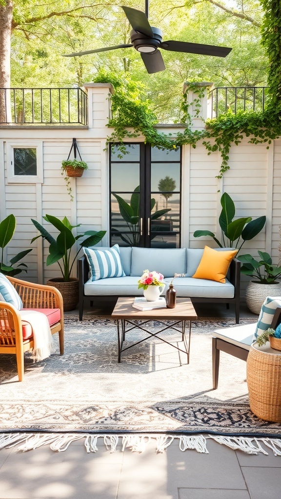 Cozy outdoor coffee bar setup with a stylish rug, comfortable seating, and greenery.