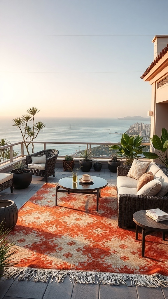 Ein stilvoller Outdoor-Teppich in Erdtönen auf einer Terrasse mit Blick auf das Meer.