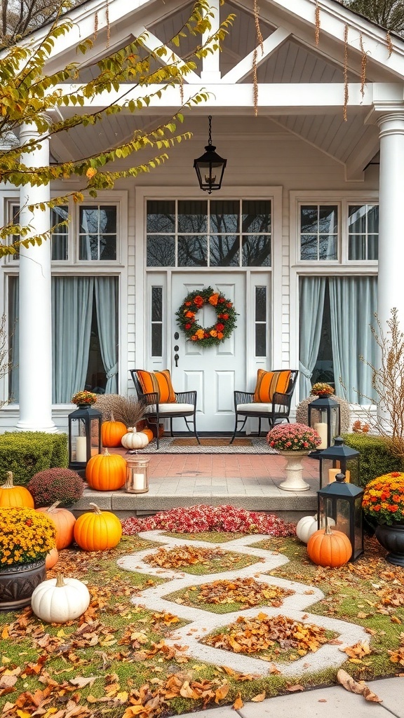 A cozy porch decorated for fall with pumpkins, flowers, and a wreath.