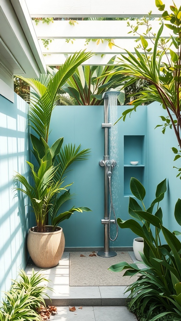 A private outdoor shower surrounded by lush greenery and a light blue wall.