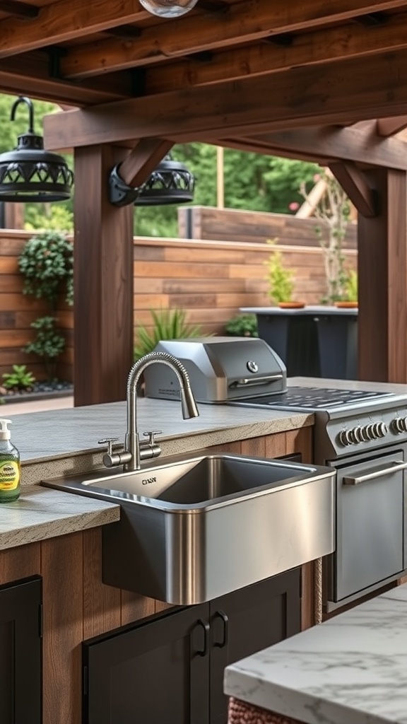 Outdoor kitchen with a stainless steel sink and grill setup