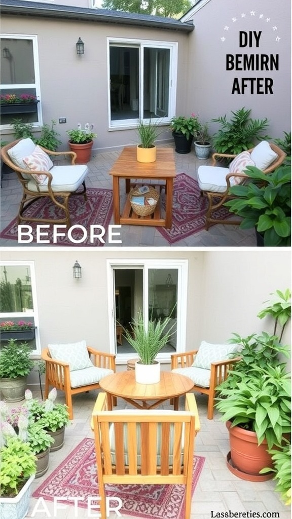 Before and after images of a patio makeover, showcasing a transformation from a plain space to a vibrant outdoor area.
