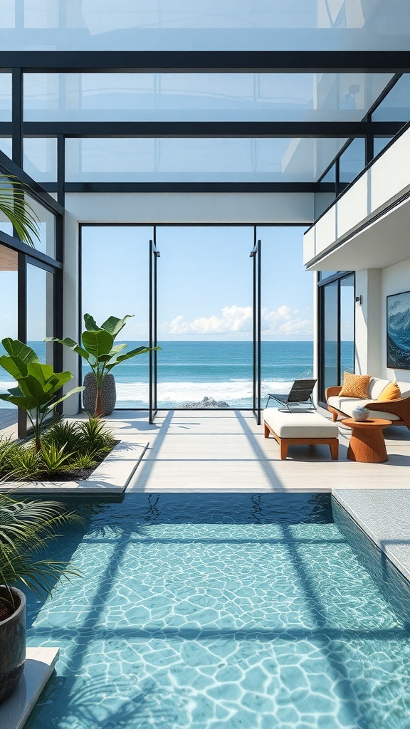 A modern interior space with large glass doors leading to an ocean view, featuring a pool and plants.