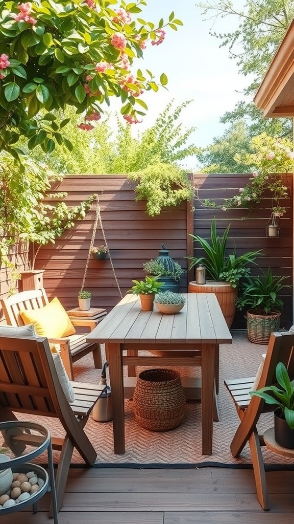 A cozy outdoor patio with wooden furniture, plants, and decorative elements.