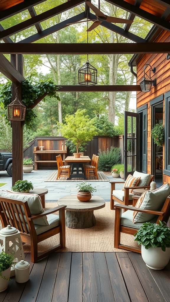 Cozy outdoor patio with wooden beams, comfortable seating, and greenery