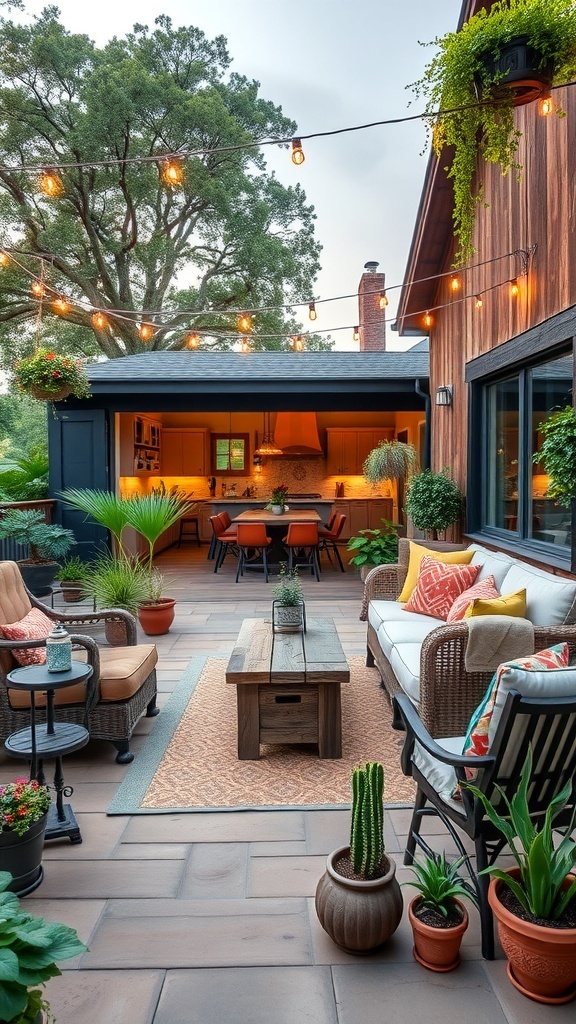 Cozy rustic farmhouse patio with string lights, plants, and comfortable seating.