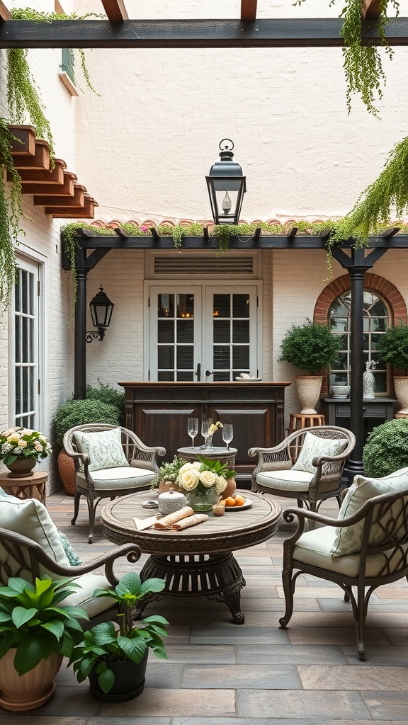 A cozy outdoor seating area with rustic furniture and plants.