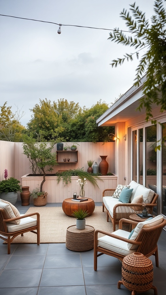 A cozy Scandinavian outdoor patio with comfortable seating, natural materials, and greenery.