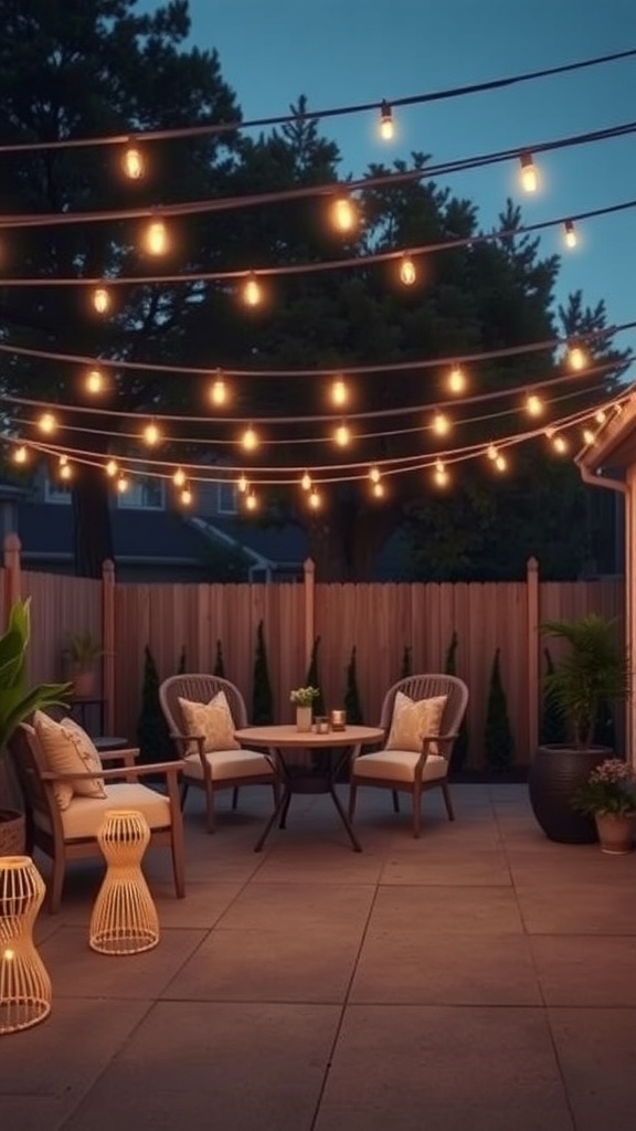 A cozy outdoor space with string lights hanging above a table and chairs, creating a warm atmosphere.