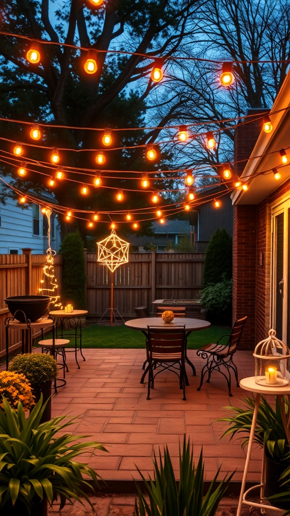 A cozy outdoor space with string lights hanging above a dining table, surrounded by plants and decorative lanterns.