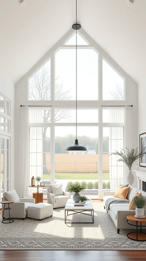 A cozy living room with large windows showcasing outdoor views, featuring soft furniture and plants.