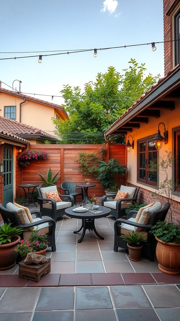 A cozy outdoor patio with comfortable seating, plants, and decorative lighting.