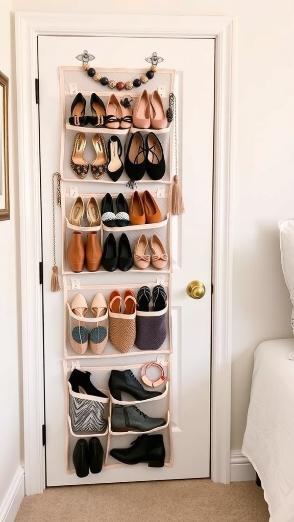 Over-the-door organizer with shoes and bags hanging on a door