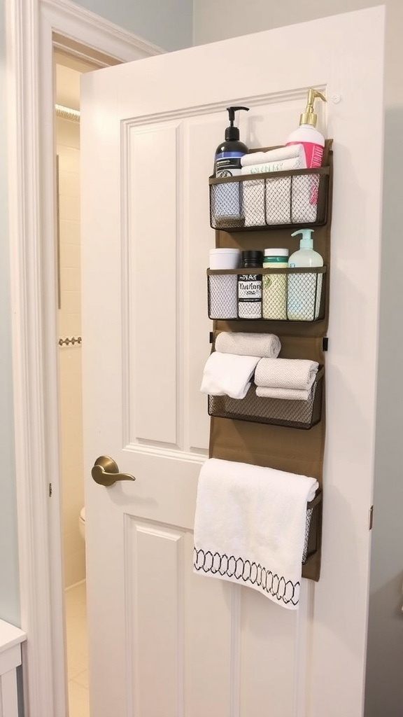 An over-the-door organizer with various containers and towels, showcasing a simple storage solution for small spaces.