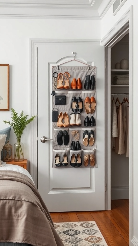 An over-the-door organizer filled with various shoes, hanging on a door in a modern bedroom.