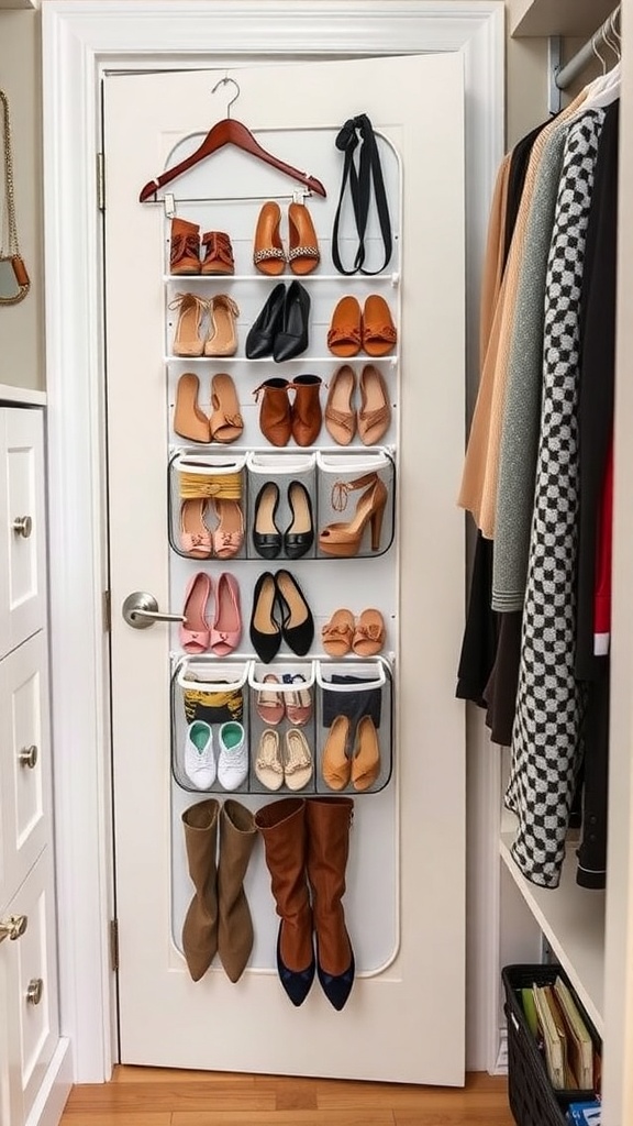 A closet door with an over-the-door shoe organizer displaying various pairs of shoes.