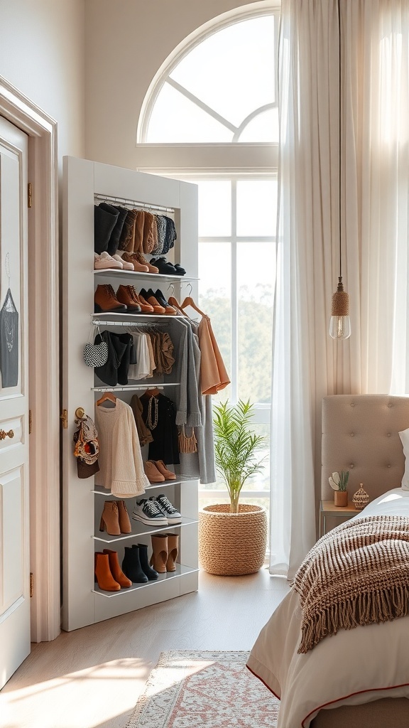 A stylish over-the-door storage rack filled with clothing and shoes in a bright bedroom