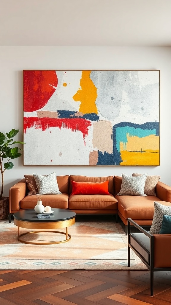 A living room featuring oversized abstract canvas art above a cozy orange sectional sofa.