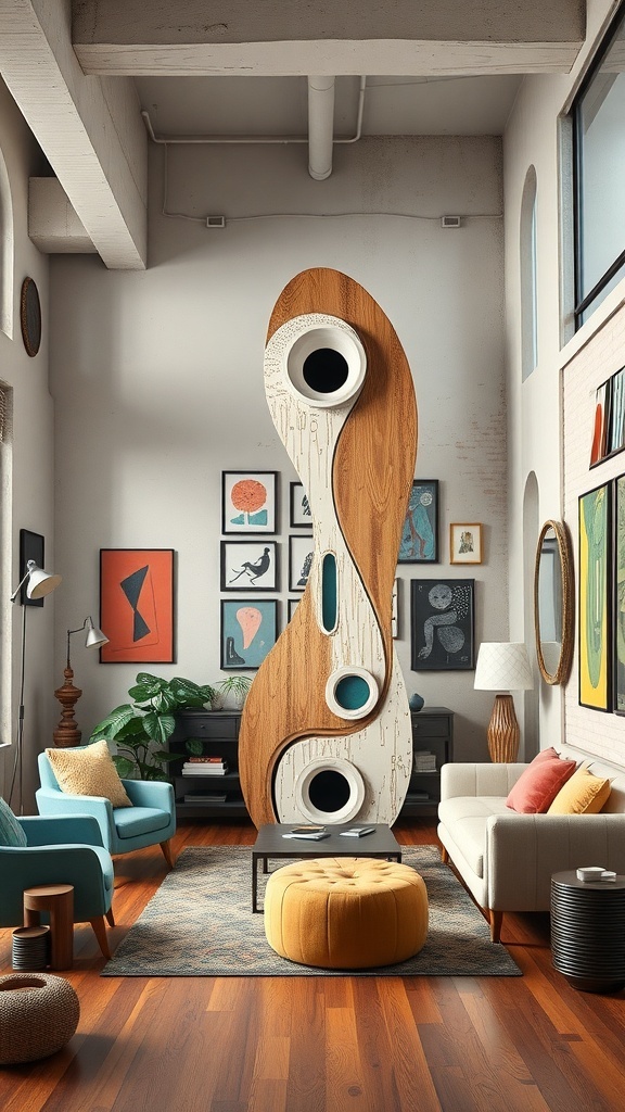 A modern living room featuring an oversized abstract sculpture made of wood and white material, surrounded by colorful furniture and artwork.
