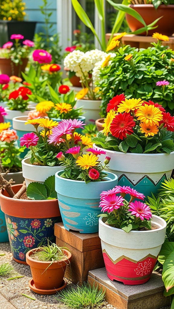 Colorful painted flower pots with various flowers in a garden setting.