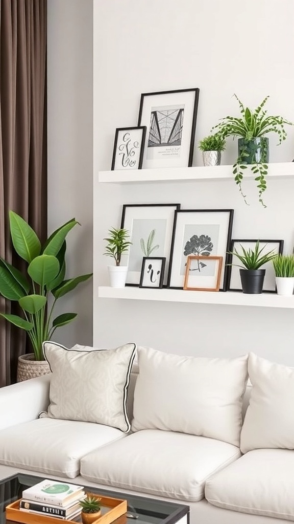 A modern living room featuring painted picture ledges with framed art and plants.