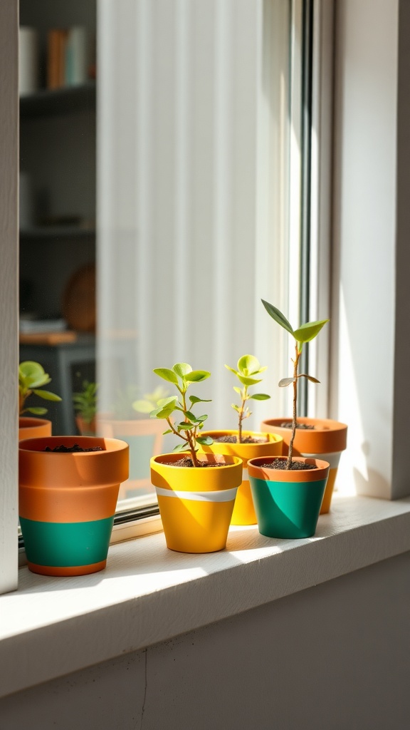Colorful painted terra cotta pots with plants on a windowsill