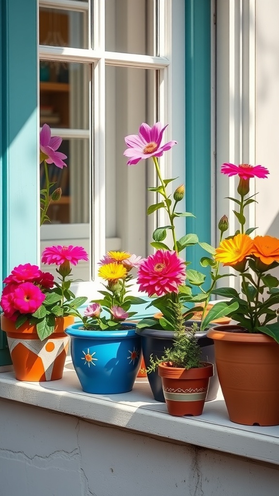 Colorful painted terra cotta pots with flowers on a windowsill.